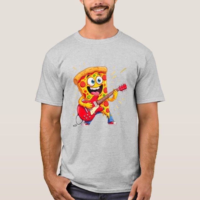Camiseta **Rock ’n’ Roll Pizza – Funny Guitar-Playing Slice (Anverso)
