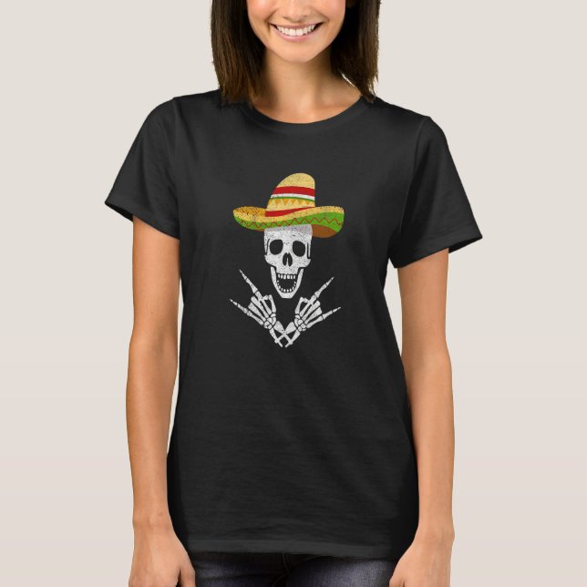 Camiseta Rock On Mexican Skeleton Sombrero Dia De Los Muert (Anverso)