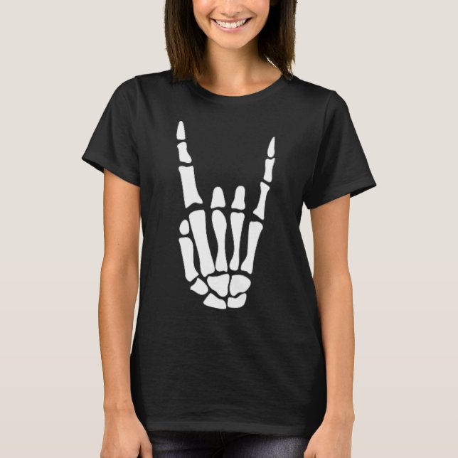 Camiseta Rock On Skeleton Hand Rótulo - Halloween minimalis (Anverso)