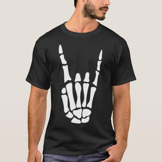 Camiseta Rock On Skeleton Hand Rótulo - Halloween minimalis (Anverso)