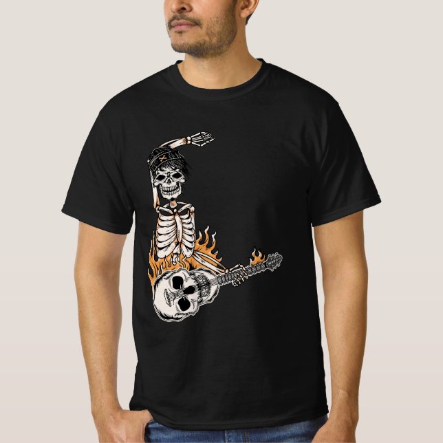 Camiseta Rock On Skeleton Tocando Guitarra Disfraz De Hallo (Anverso)