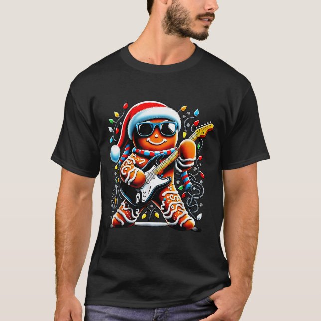 Camiseta Rock Star Gingerbread Christmas Guitar Lights Men  (Anverso)