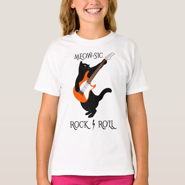 Camiseta ROCK Y ROLL MEOWSIC, Regalo de gato musical, meows (Anverso)