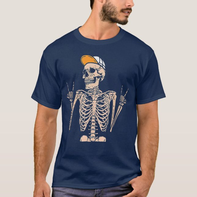 Camiseta Rocker Skeleton Cap Cool Halloween Punk Rock Hand  (Anverso)