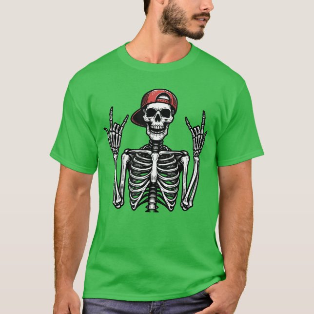 Camiseta Rocker Skeleton Cap Skater Cool Halloween Punk Roc (Anverso)