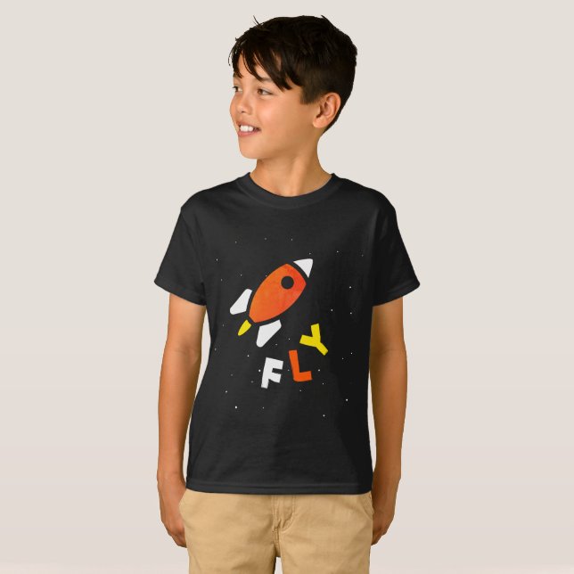 Camiseta Rocket - Arte pop abstracto rojo y amarillo. ¡FLY! (Anverso completo)