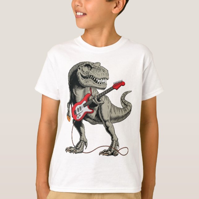 Camiseta Rockin' T-Rex: Dinosaurio toca guitarra eléctrica (Anverso)
