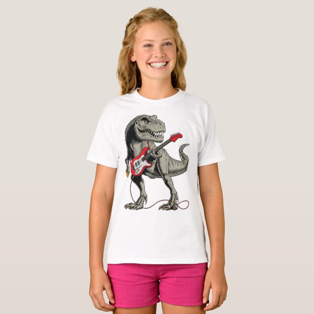 Camiseta Rockin 'T-Rex: Dinosaurio tocando guitarra eléctri (Anverso completo)