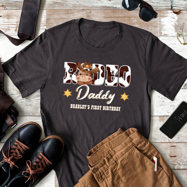 Camiseta Rodeo Daddy Cowboy patrón de cumpleaños de vaca (Rodeo daddy cowboy first birthday family photoshoot matching shirt black)