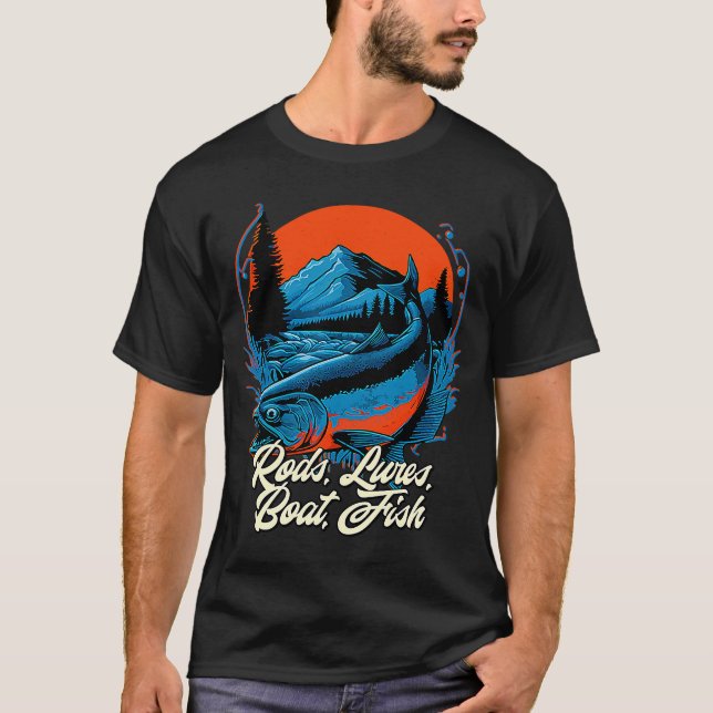 Camiseta Rods Lures Boat Fish Hobby Lakes Pastime Lagoon Fi (Anverso)