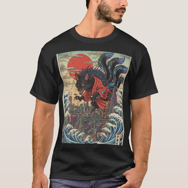 Camiseta Rogue Wolf Over Neon Tokyo Sunset (Anverso)