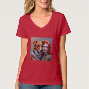 Camiseta roja con cuello en V impresa con imagen p