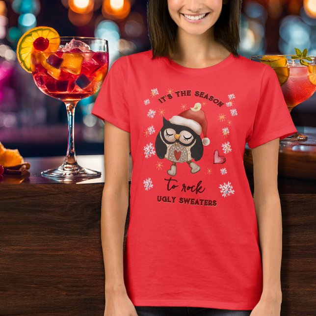 Camiseta roja de búho encantador con suéter feo (Ugly Sweater lovely Owl Red T-Shirt)