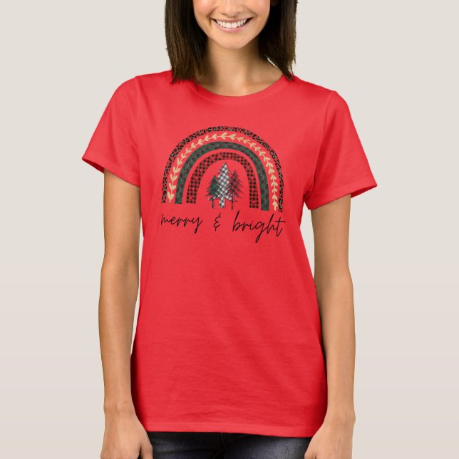 Camiseta roja de Navidad Merry and Bright para muj (Anverso)