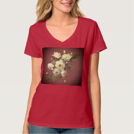 Camiseta roja de rosas blancas