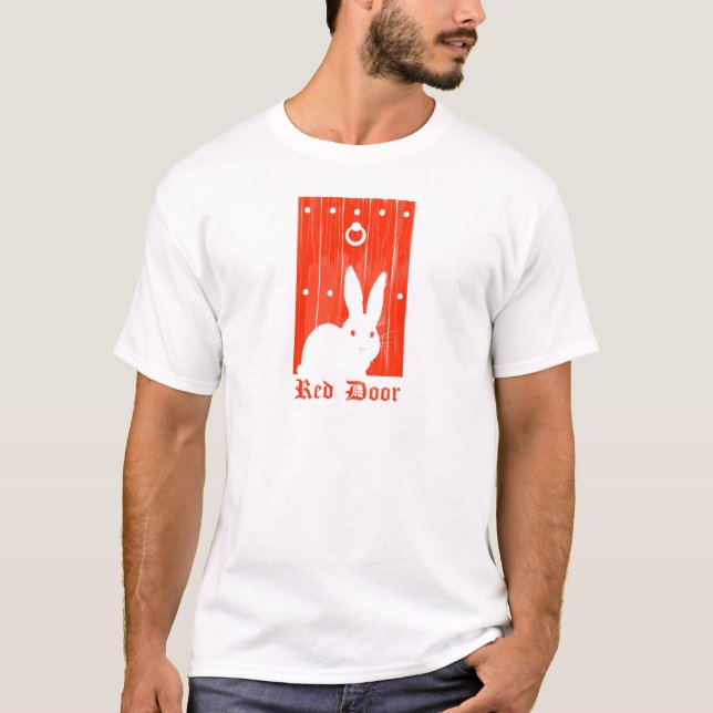 Camiseta roja del conejo de la puerta (Anverso)