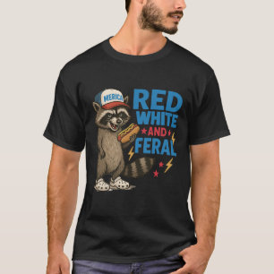 Camiseta Rojo Blanco y Feral – Divertido Mapache con Vibra