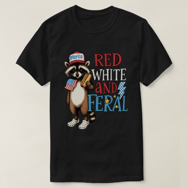 Camiseta Rojo Blanco y Feral - Mapache divertido del 4 de j (Diseño del anverso)