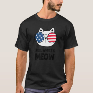 Camiseta Rojo Blanco Y Miau Lindo Bandera Patriótica 4 De