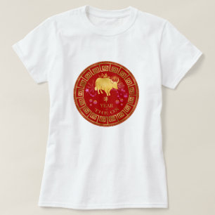 Camiseta Rojo chino del buey del zodiaco/oro ID542