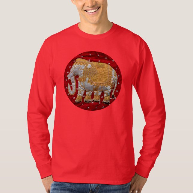Camiseta Rojo embellecido y oro del elefante indio (Anverso)