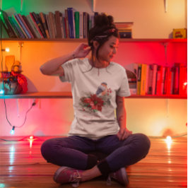 Camiseta Rojo Poinsettia Pine Cone Bird Merry Christmas