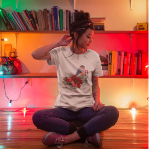 Camiseta Rojo Poinsettia Pine Cone Bird Merry Christmas