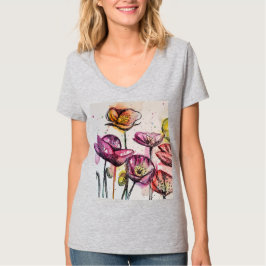 Camiseta Rojo Púrpura Rosa Adormidera floral Watercolor art