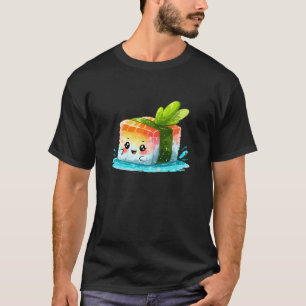 Camiseta Rollo de Sushi de Salmón Kawaii Lindo con Cara Fel