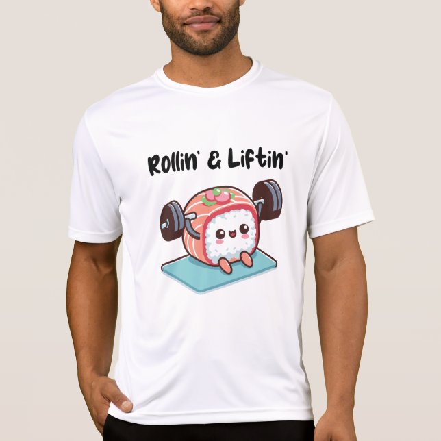 Camiseta Rollo de Sushi Levantando Pesas (Anverso)
