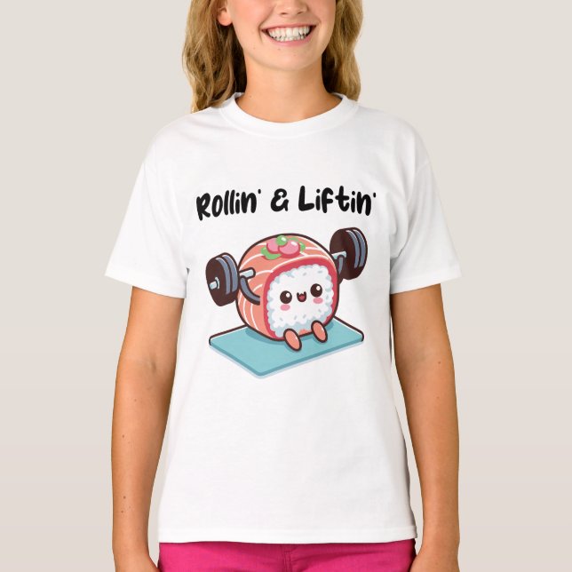 Camiseta Rollo de Sushi Levantando Pesas (Anverso)