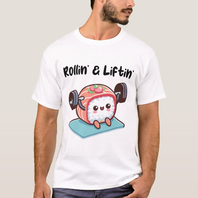 Camiseta Rollo de Sushi Levantando Pesas (Anverso)