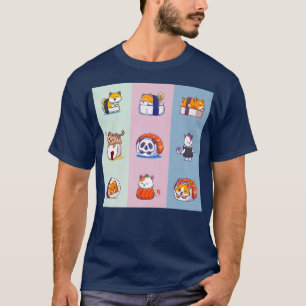 Camiseta Rollos de sushi animal kawaii, gatos chibas pandas