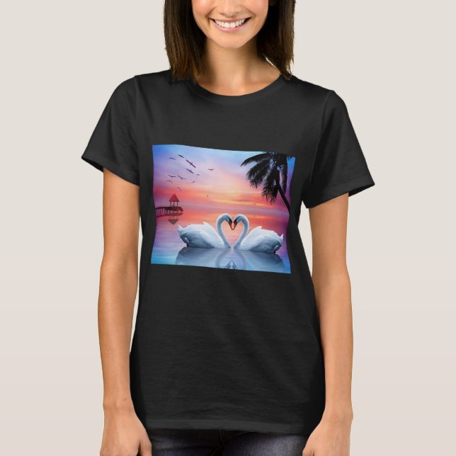 Camiseta Romantic Heart Swans Tropical Sunset Paradise (Anverso)
