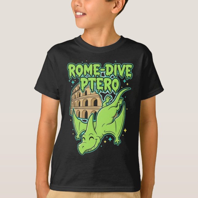 Camiseta Rome-Dive Ptero Cute Dinosaur & Colosseum Travel A (Anverso)