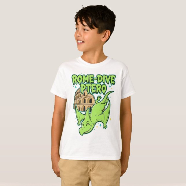 Camiseta Rome-Dive Ptero Cute Dinosaur & Colosseum Travel A (Anverso completo)