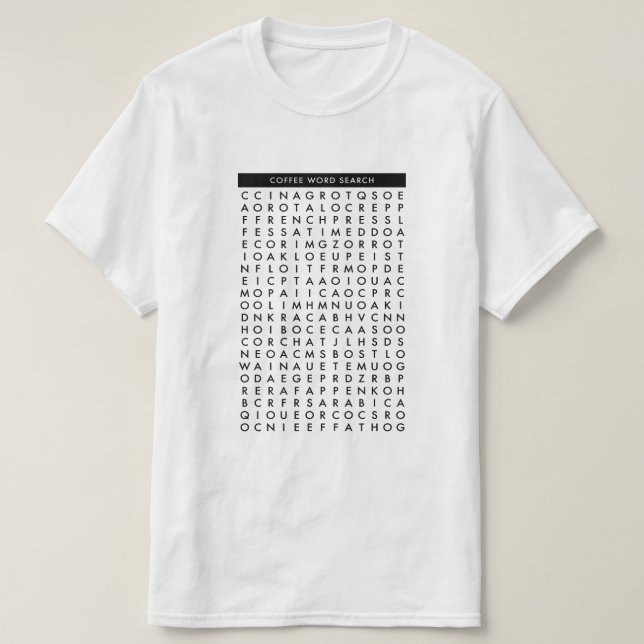 Camiseta rompecabezas de la búsqueda de la palabra del café (Diseño del anverso)