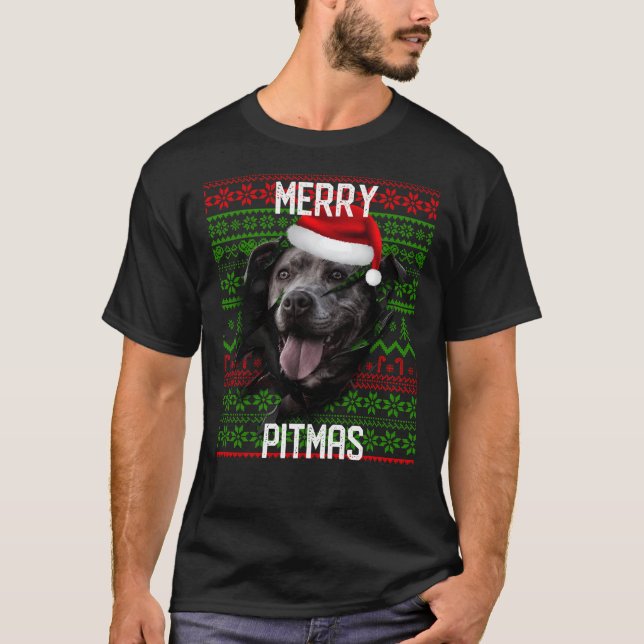 Camiseta Romper el muro Perro gris Pitbull Navidades Santa  (Anverso)