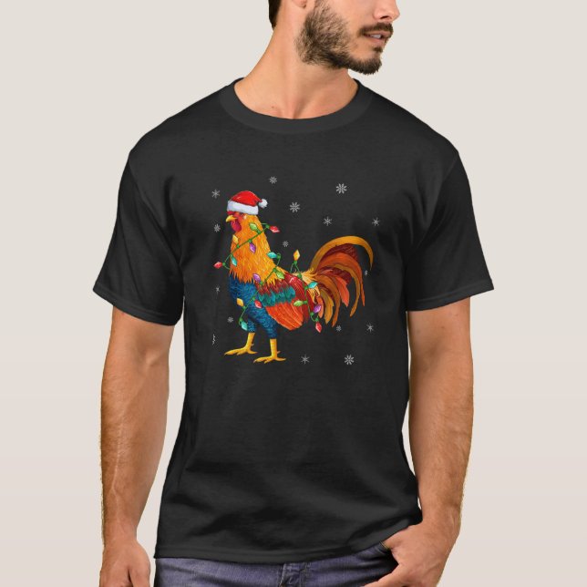 Camiseta Rooster Bird Xmas Iluminando a Santa Hat Rooster C (Anverso)