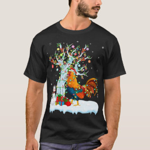 Camiseta Rooster Bird Xmas Tree Lighting Santa Hat Rooster