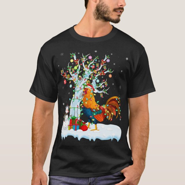 Camiseta Rooster Bird Xmas Tree Lighting Santa Hat Rooster (Anverso)