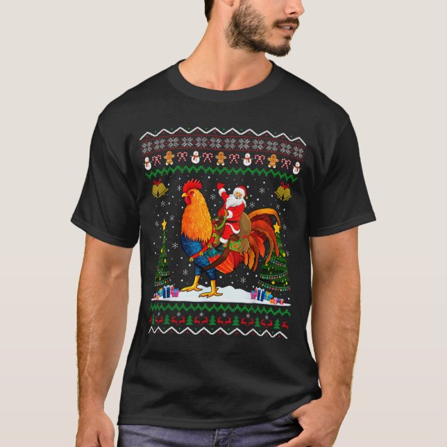 Camiseta Rooster Ugly Xmas Gift Santa Riding Rooster Christ (Anverso)