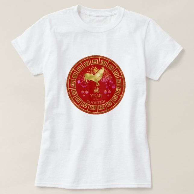 Camiseta Rooster zodiaco chino rojo/dorado ID542 (Diseño del anverso)