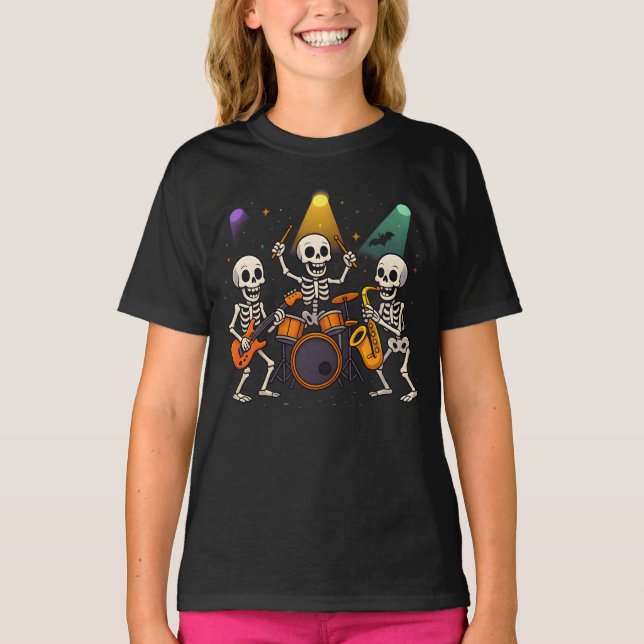 Camiseta Ropa de banda de esqueleto de Halloween linda muje (Anverso)