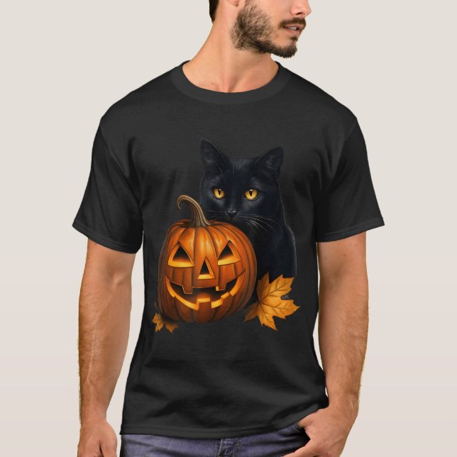 Camiseta Ropa De Calabaza De Halloween De Gato Negro Para H (Anverso)