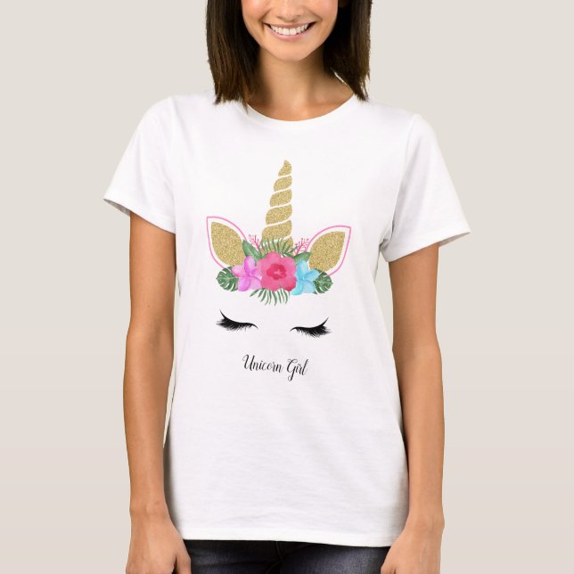 Camiseta Ropa floral tropical Purpurina de unicornio Chica  (Anverso)