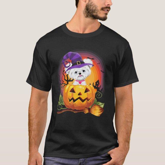 Camiseta Ropa maltesa de calabaza para perros de Halloween (Anverso)
