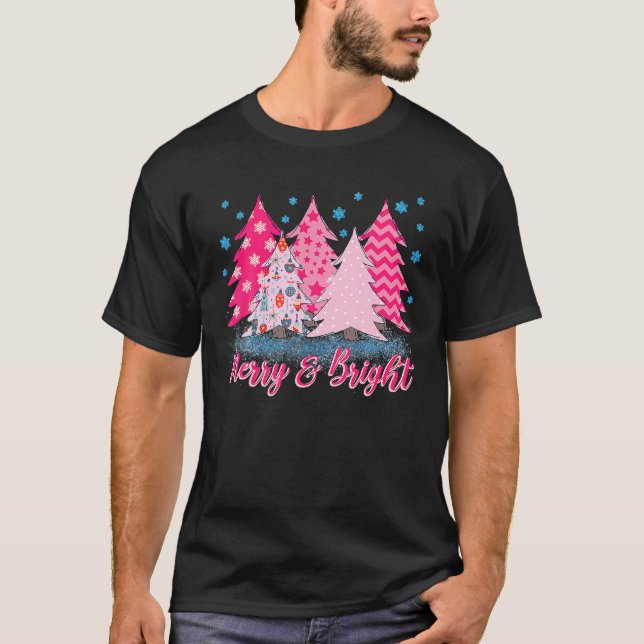 Camiseta Rosa De Árbol De Navidad Rosa Merry Y Bright (Anverso)
