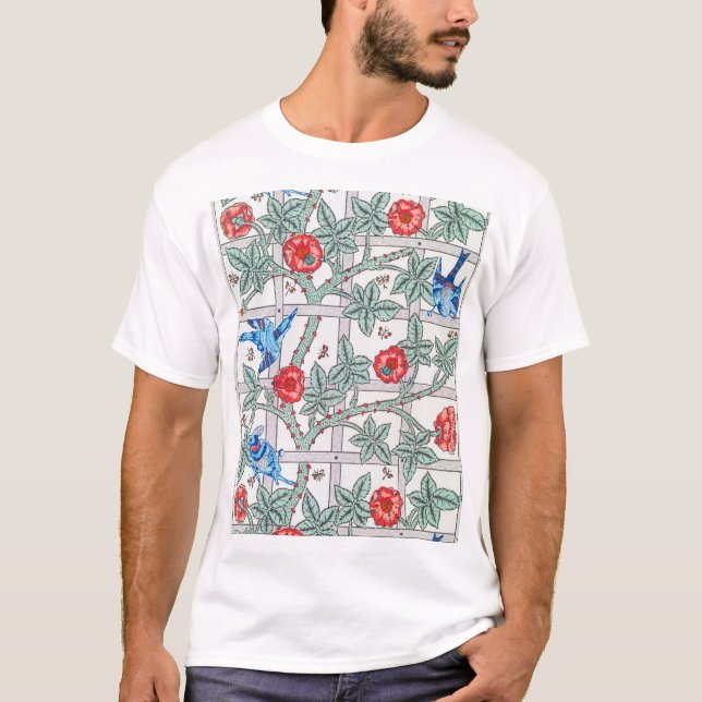Camiseta Rosa de escalada y pequeño pájaro, William Morris (Anverso)