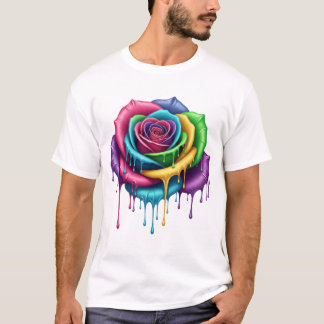 Camiseta Rosa de goteo de arcoiris - Tee artístico en flor